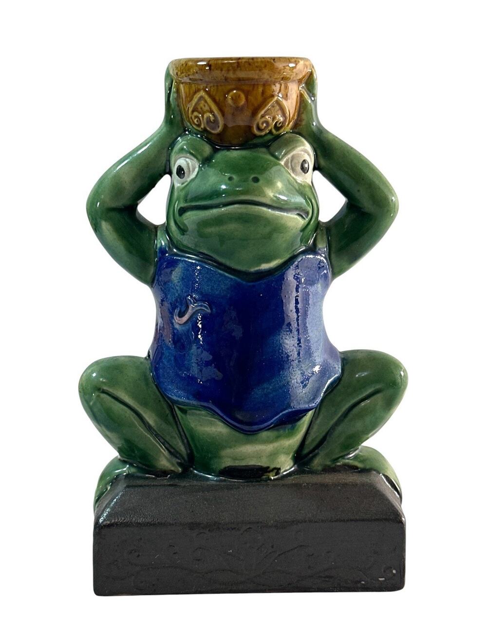 Vintage Ceramic Frog Candle Holder Figurine Blue Overalls 6.5” Whimsical Decor